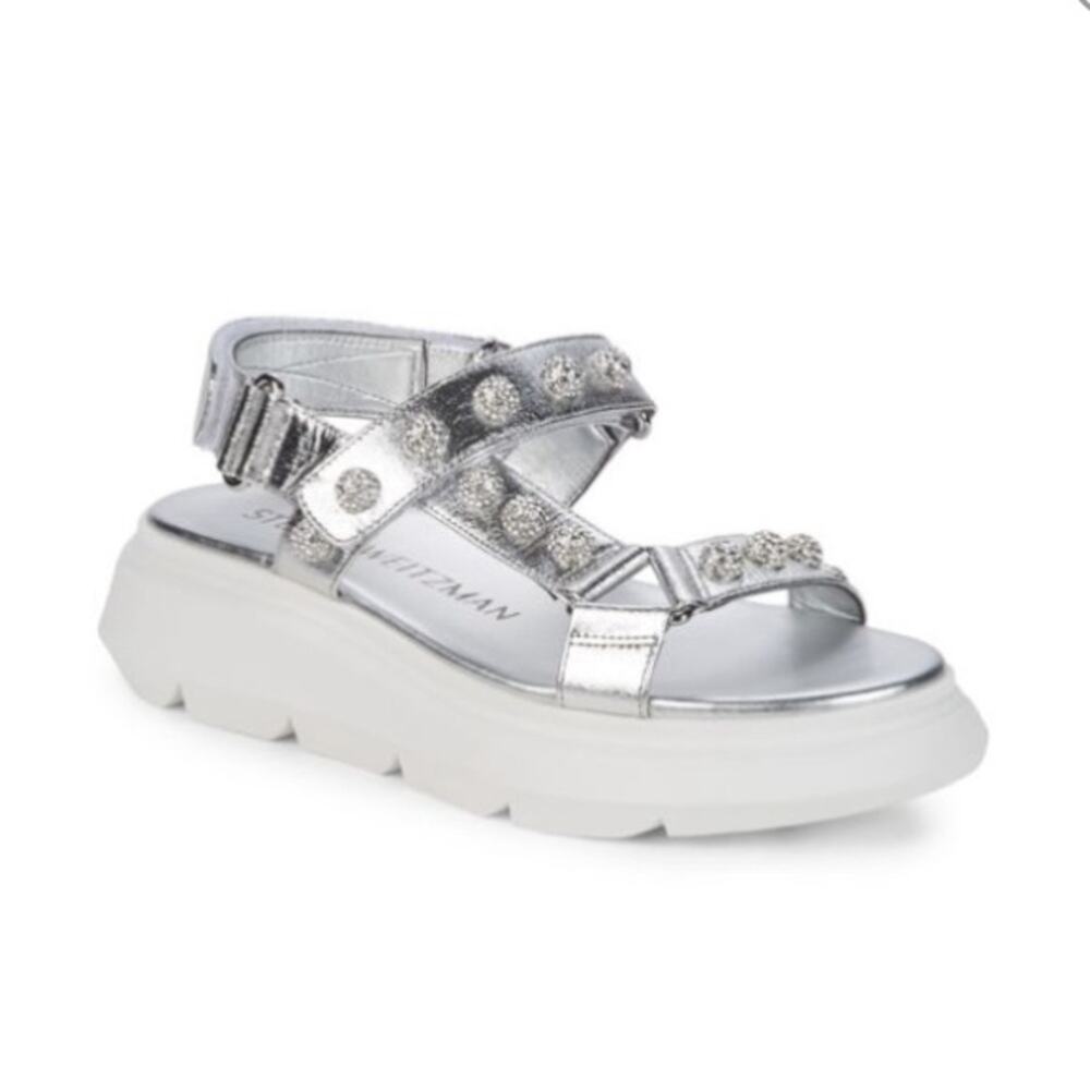 New Stuart Weitzman Zoelie Crystal Ball Embellished Dad Sandals in Silver Size 5
